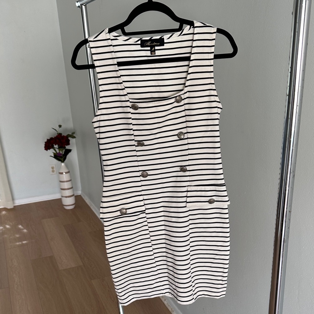 Monteau Striped Sleeveless Double-Breasted Mini Dress in White and Black